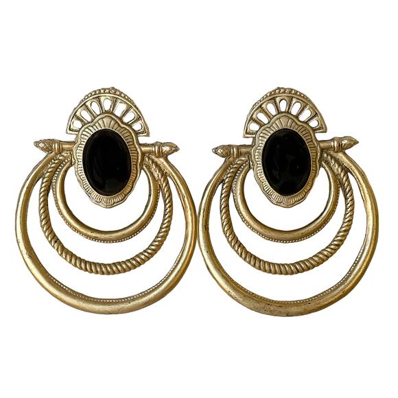 1980s Rope Pattern Gold Plate Black Cabochone Retro Egyptian Hoop Clip Earrings - Picture 1 of 3